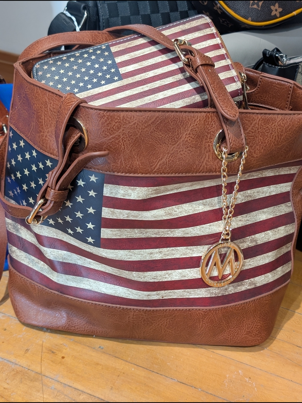 Women’s Brown Tote Bag with American Flag Print